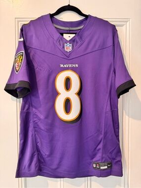 Nike DriFit Baltimore Ravens #8 Lamar Jackson Purple and Gold Football Jersey